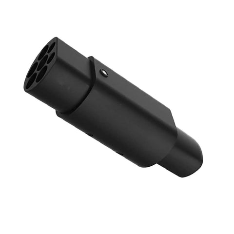 No Sweat Type Two Euro Adapter For Tesla Charging Plug 32 Amp Input 110 To 220 Volt Outlet 7Kw Fast Charge Connector viewed from above, black finish.