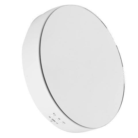 This Awesome Electric Rotating Turntable Display Stand Boasts Heavy Duty 10KG Load Bearing Power For Glittering Jewelry Watches And Digital Gadgets With Smooth Two Way Spin Action And Sleek Mirror Finish Built Tough! - White round base.