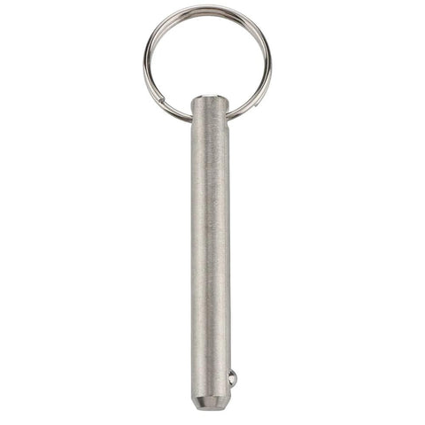 Front view: 2-pack large stainless steel quick-release pins with ring, 3/8 in diameter, 3 in overall length.