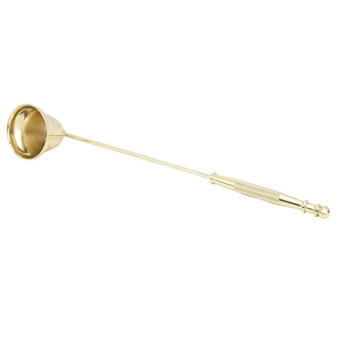 Slick Stainless Steel Candle Snuffer With Ergonomic Long Handle And Hassle Free Wick Control For Tapered Dinner Candles And Fresh Home Decor Setup In Classic Gold Finish shown from side view.