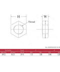 Technical drawing of 3/4-16 thread hex nut dimensions labeled H and W for Beefy Chromoly Heim Joints In A No Fluff Set.