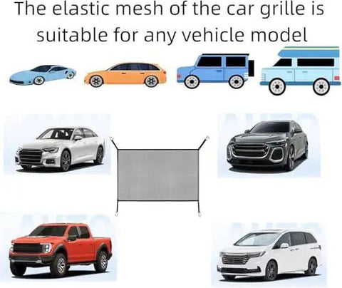 Keep Your Rig Running Smooth With This Heavy Duty Center Grille Mesh Shield That Blocks Road Gravel Bugs And Debris While Keeping Your Engine Rad Cool And Safe From Overheating On Chevy Volt Bolt Euv Blazer Ev - Elastic mesh shield displayed with various vehicle models.