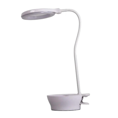 Side view of LED task light with magnifier lamp, clip-on or free-standing, white finish, adjustable, touch-activated dimming.