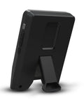Rear view of LM1 Portable Mini Launch Monitor for Golfers with stand, black, for real-time ball and club speed tracking.