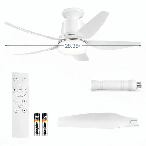 Ceiling Fan Light With Remote, Dimmable LED, Four Speeds, 3000K To 6500K, Up To 1000 Lumens, Two In One Socket, 28 Inch, components shown.