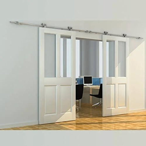 Apex Stainless Steel Sliding Barn Door Hardware Kit 8 Foot Track Double Door Kit with Top Mount Rollers installed in modern room