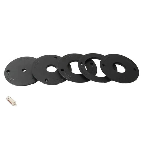 Premium Replacement Insert Rings For Aluminum Router Table Plates Set Of 5 showing black rings with various center hole sizes.