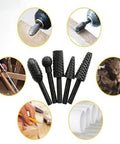 Front view of five black rotary burrs set for carving and grinding; assorted shapes, Amazon brand