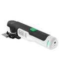 Eco Friendly Cordless Oscillating Multi Tool With 12V Max Muscle And Rapid Blade Swap Mechanism For Cutting Sanding Scoring And Home Ripping Jobs Around The Garage Or Yard, close-up view showing blade and buttons.