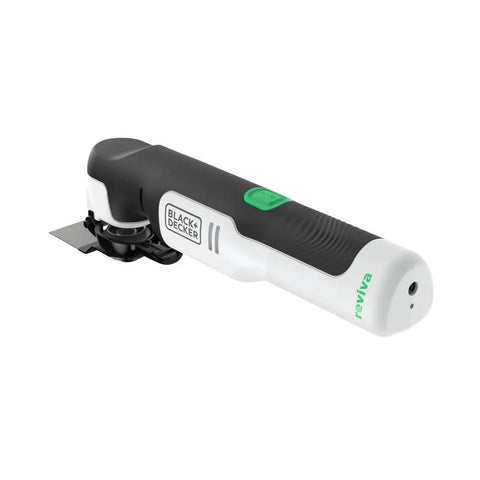 Eco Friendly Cordless Oscillating Multi Tool With 12V Max Muscle And Rapid Blade Swap Mechanism For Cutting Sanding Scoring And Home Ripping Jobs Around The Garage Or Yard, close-up view showing blade and buttons.