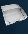 Rugged Heavy Duty Tool Box Organizer With Comfortable Handle For Garage And Outdoor Storage Portable Stainless Steel Case With Double Lock Versatile Tool Storage Box For Home Shop Or Yard, showing open stainless steel interior and double lock
