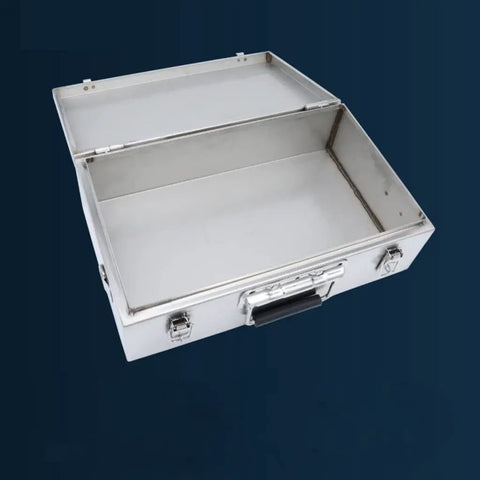 Rugged Heavy Duty Tool Box Organizer With Comfortable Handle For Garage And Outdoor Storage Portable Stainless Steel Case With Double Lock Versatile Tool Storage Box For Home Shop Or Yard, showing open stainless steel interior and double lock