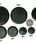Fifty Piece Flush Mount Plastic Hole Plug Set For Auto Body And Sheet Metal, various sizes displayed with a coin for reference, black.