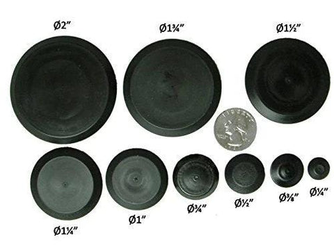 Fifty Piece Flush Mount Plastic Hole Plug Set For Auto Body And Sheet Metal, various sizes displayed with a coin for reference, black.