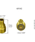 Extensive TIG Gas Lens Collet Bodies Kit showing brass nozzle dimensions, 45V42 model for SR WP Series Weld Torch, 1.0mm hole size.