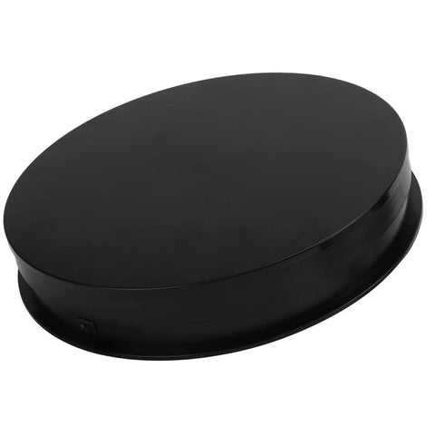 Premium 360 Degree Rotating Turntable Display Stand For Jewelry, Watches, And Digital Products Featuring Smooth Quiet Spin And Energy Saving LED lighting, black base top view.