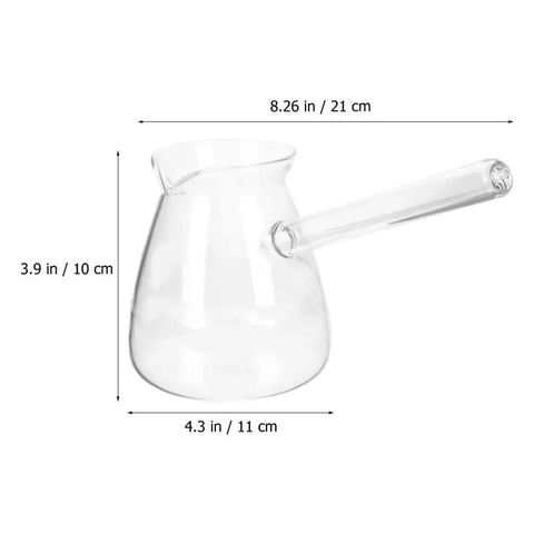 Clear Glass Turkish Coffee Pot 450ml Teapot For Hot And Cold Drinks With Retro Design, side view with dimensions