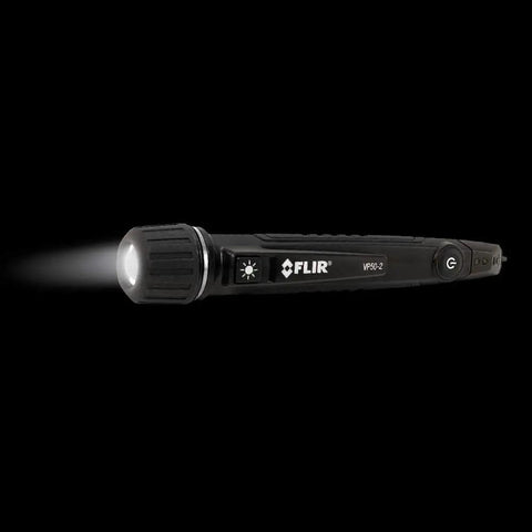 Non Contact Voltage Detector With Triple Alarm CAT IV, bright LED flashlight, showing rugged design, black handheld tool