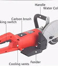 Close-up of Badass Mini Circular Saw With 2200 Watt Power That Rips Right Through Wood Metal Stone Pro Grade Electric Slotting Machine, highlighting handle and cooling vents.