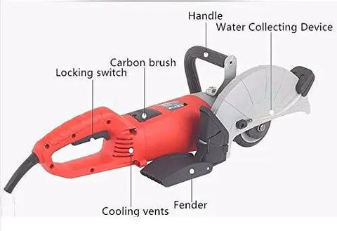Close-up of Badass Mini Circular Saw With 2200 Watt Power That Rips Right Through Wood Metal Stone Pro Grade Electric Slotting Machine, highlighting handle and cooling vents.