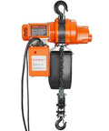 Front view of orange VEVOR electric chain hoist with lifting chain, hook, and control box