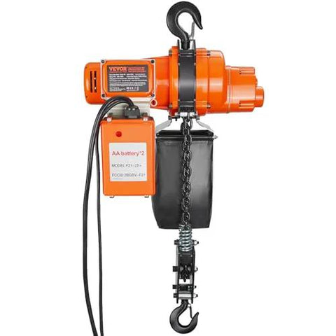Front view of orange VEVOR electric chain hoist with lifting chain, hook, and control box