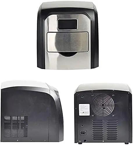 Compact Countertop Ice Maker Whips Up Quick Chill Cubes In Minutes Flat, features a sleek metal design and efficient back vent.