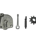 JRL 10T clutch gear drive sprocket kit for 49cc–80cc motorized bike; four metal parts: housing, arm, pin, sprocket