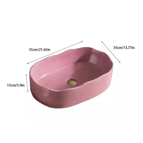 UMJIGF Vessel Sink Household Washbasin Bathroom Above Counter Basin in pink, 55cm x 35cm x 15cm, oval shape with drain hole.