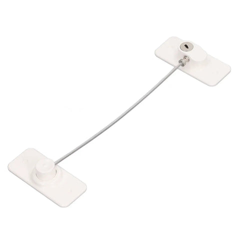 360 Degree Rotatable Childproof Window Lock with Non Mark Adhesive shown with white rectangular bases and flexible cable