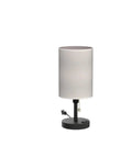 Modern bedside lamp with grey fabric shade, black base, USB ports, and outlet. Bedside Lamp With 2 USB Ports And Outlet Lit RGB Color Changing Nightstand Light.