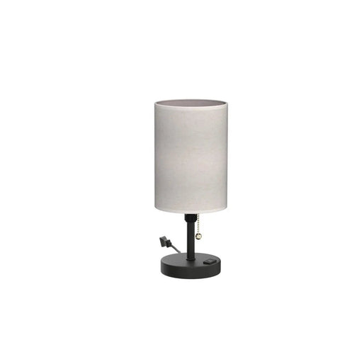 Modern bedside lamp with grey fabric shade, black base, USB ports, and outlet. Bedside Lamp With 2 USB Ports And Outlet Lit RGB Color Changing Nightstand Light.