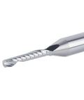 Close-up of a single flute O spiral upcut router bit, part of the O Flute Spiral Upcut Router Bit Set Five Pieces, 1/4 Inch Shank With 1/8 Inch Cutting Diameter.