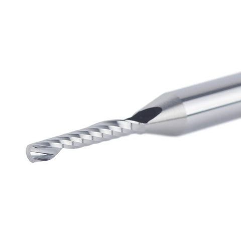 Close-up of a single flute O spiral upcut router bit, part of the O Flute Spiral Upcut Router Bit Set Five Pieces, 1/4 Inch Shank With 1/8 Inch Cutting Diameter.
