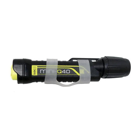 MiniQ40 MK2 Dive Light 250 Lumens Hand Free Underwater Torch with mask strap, black, side view showing design and details.