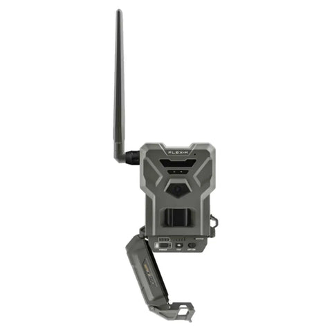 Top Shelf Cellular Trail Camera Duo Featuring Smart Gps Mapping showing front view with antenna for real-time monitoring.
