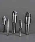 Five Piece Countersink Drill Bit Set, 82 Degree, Six Flute, HSS Round Shank, showing all sizes for metal and wood work.