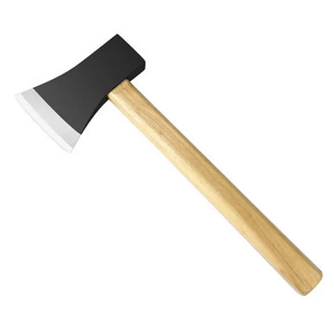 Wood-handled axe against white background, perfect for pairing with Heavy Duty Wall Mount Axe Hanger And Pickaxe Holder For Garage Tools