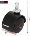 Close-up view of NumberNYC 1-1/2 in caster wheel, black plastic body and chrome stem