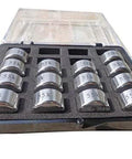 Poppet valve set for water jet cutting; twelve silver metal components in foam-lined case, labeled 55K.