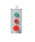 Front view of Rugged Industrial Grade Explosion Proof Push Button Control Box with waterproof metal junction enclosure and emergency buttons.