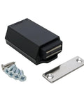 Front view of Sugatsune MLZN80BL metal magnetic latch, black, with strike plate and screws