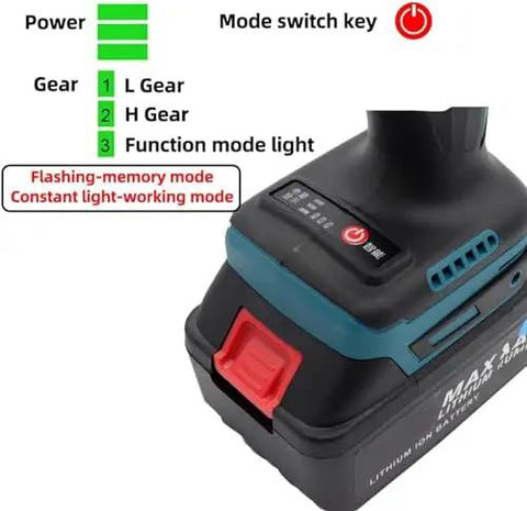 Heavy Duty Cordless Electric Rivet Gun And Portable Nut Setter With M3 To M12 Heads control panel and mode switch.