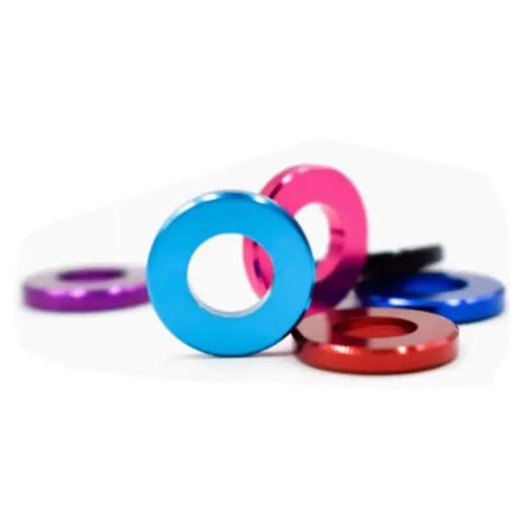 No BS 6063 T6 Aluminum Flat Washers In Titanium Gray Anodized Coating Built Tough For Quick Fixes With Superior Corrosion Resistance And Precision Machined Edges Fits M3 To M10 Screws Flawlessly In A Twenty Piece Set You Will Love, showcasing colorful washers.