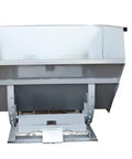 Heavy Duty 3 Cubic Yard Self Dumping Hopper With A Solid 4000 Lb Rating In Resilient Gray Steel viewed from the front, showing dumping mechanism.