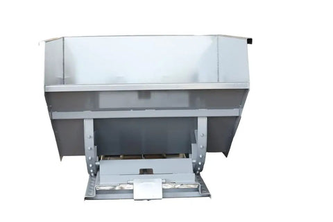 Heavy Duty 3 Cubic Yard Self Dumping Hopper With A Solid 4000 Lb Rating In Resilient Gray Steel viewed from the front, showing dumping mechanism.