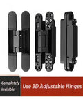 Adjustable 180 Degree Invisible Door Hinge for Folding And Hideaway Doors, showcasing a black finish and compact design.