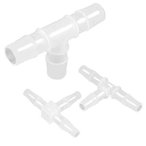 1/4-inch tee barb hose fitting (3-way), translucent plastic with equal ports; pack of 5