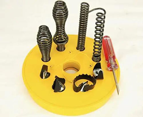 Full cutter kit for Badass Sectional Drain Cleaner Half Horsepower Motor, featuring springs and various cutter attachments.