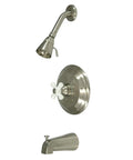Restoration Tub And Shower Faucet With Porcelain Cross Handle In Brushed Nickel, Heavy-Duty Brass Construction, Wall Mount Install